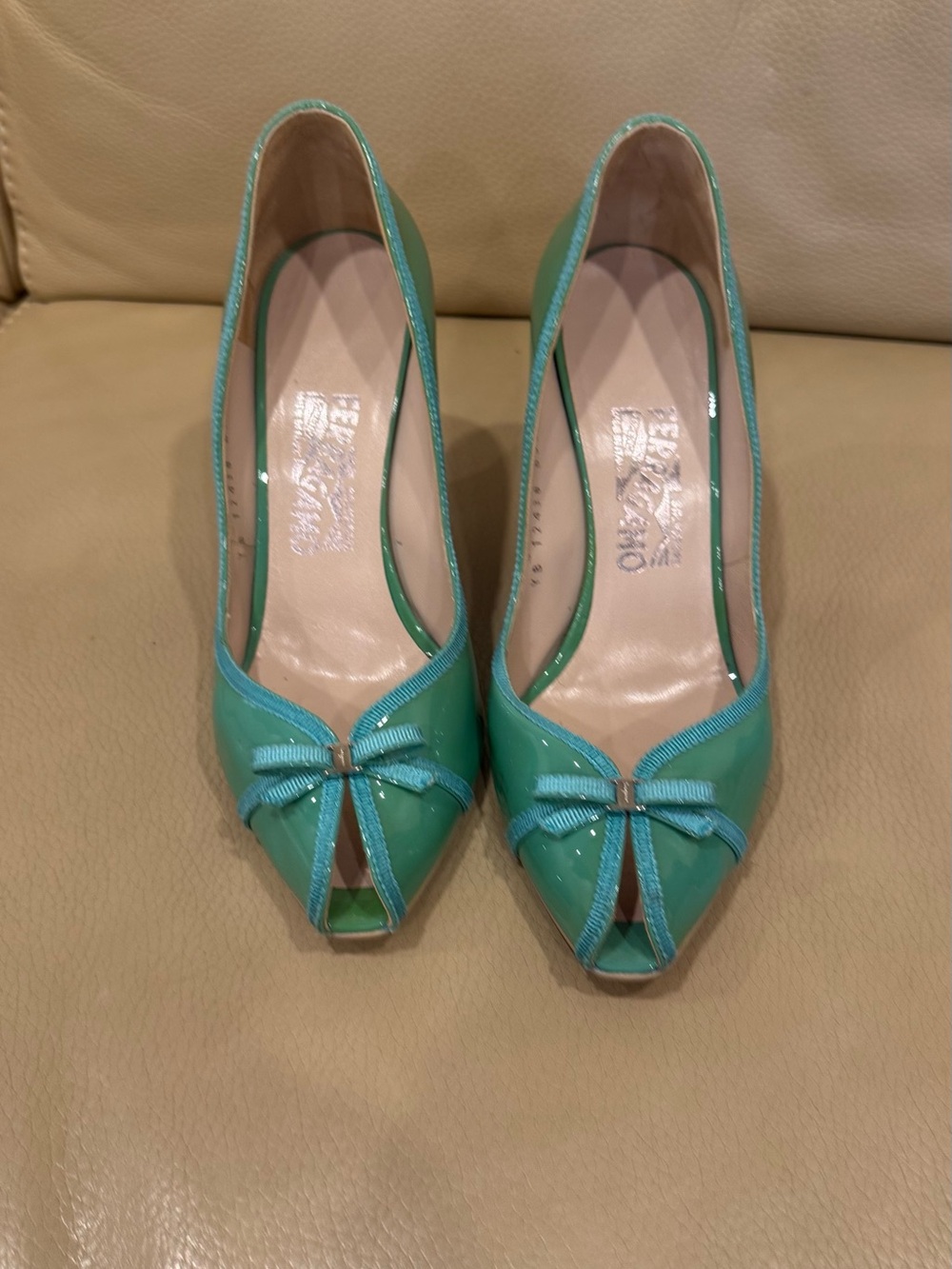 Salvatore Ferragamo Mint Green Patent Peep-Toe Pumps with Bow Accent